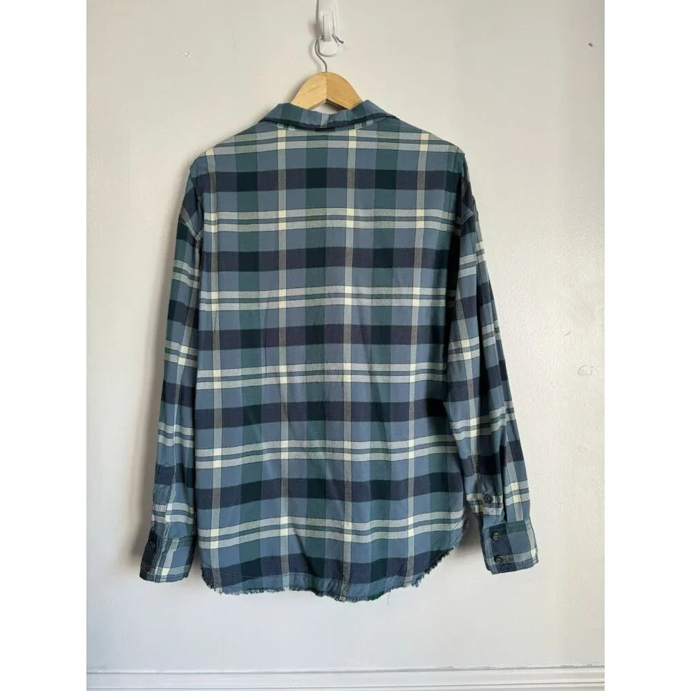 Free People Loveland Blue Plaid Top Sz Small Button Up Frayed Hem Boho Country